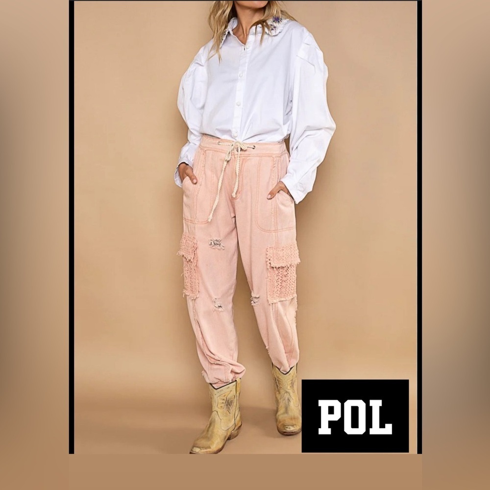 POL Distressed Cargo Denim Jogger with Crochet Pockets